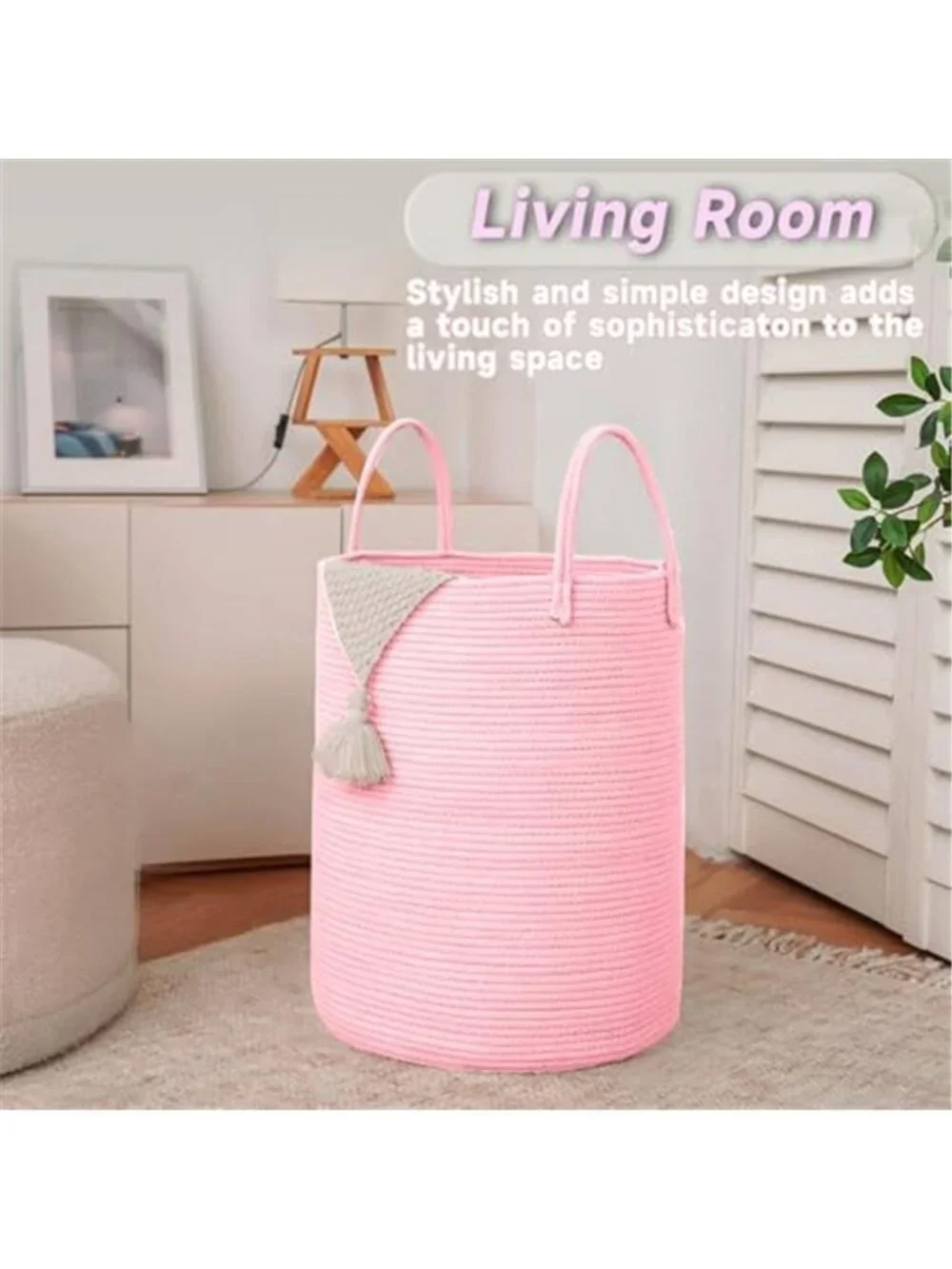 New 60L Cotton Rope Laundry Basket Hamper, Pink